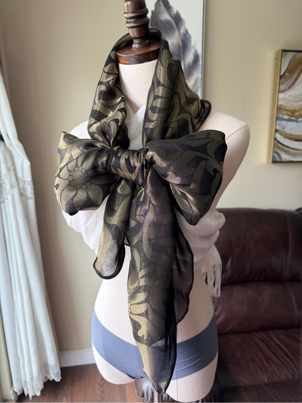 Wolford Silk Sheer Floral Scarf in Black and Metallic Olive